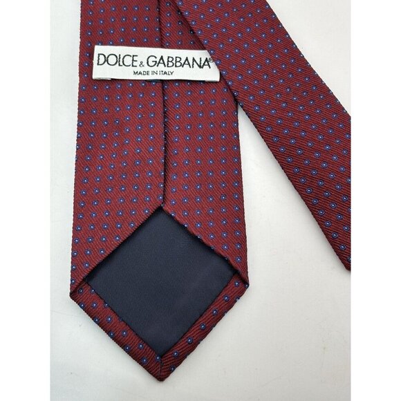 Dolce & Gabbana Made in Italy Men's Silk Neck Tie Red w Blue Stitched Dots - Picture 6 of 6